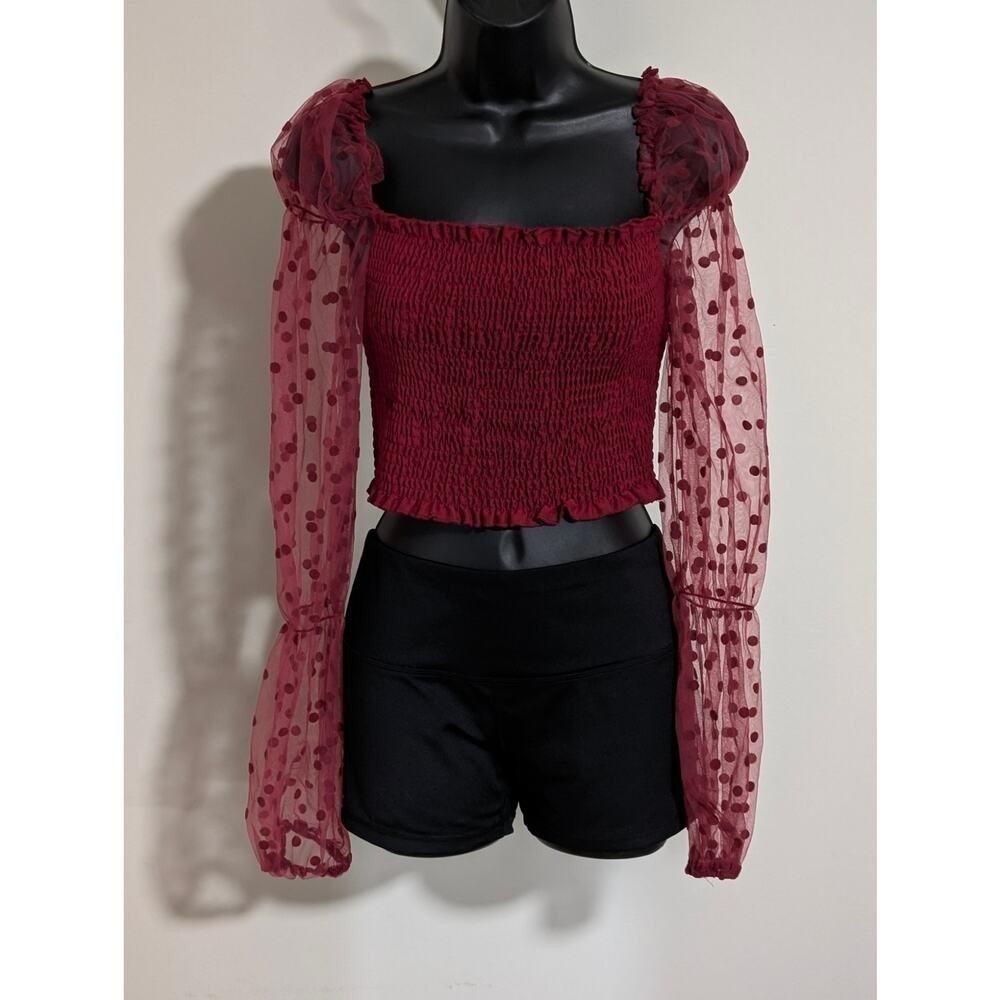 SHEIN Burgundy Red Smocked Swiss Dot Mesh Puff Sleeve Crop Top Blouse Size Large